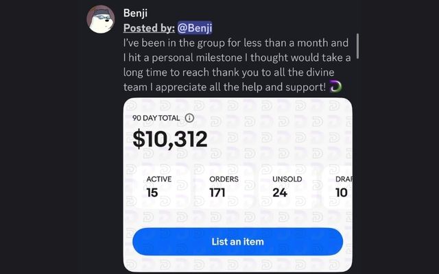 Divine member's $10K total in under a month
